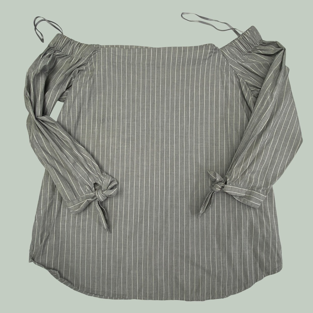 Banana Republic Striped Off Shoulder Blouse Womens M Grey Tie Sleeve Top Office